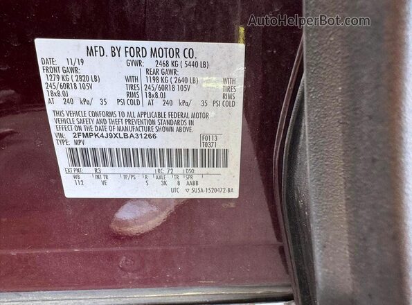 2FMPK4J9XLBA31266 2020 FORD EDGE Красный Вид наклейки с VIN-кодом