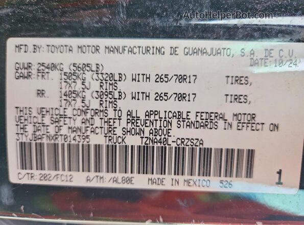 3TYJBAFNXRT014395 2024 TOYOTA TACOMA Black VIN კოდის სტიკერის ხედი