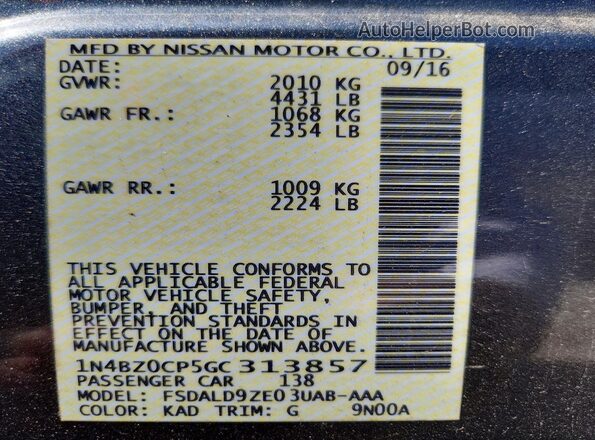 1N4BZ0CP5GC313857 2016 NISSAN LEAF Gray VIN კოდის სტიკერის ხედი