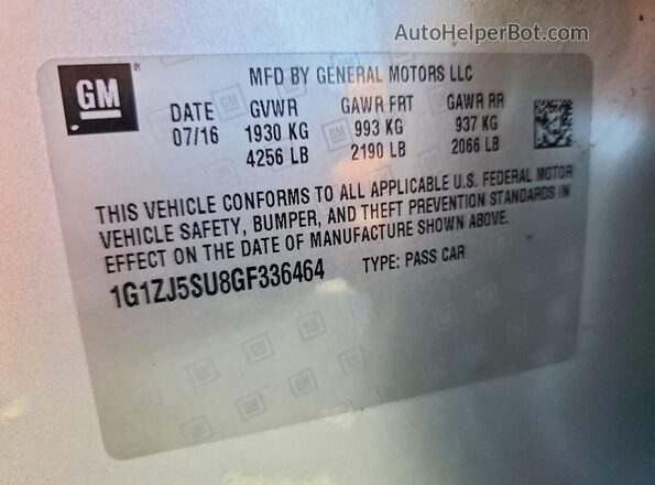 1G1ZJ5SU8GF336464 2016 CHEVROLET MALIBU Silver VIN კოდის სტიკერის ხედი