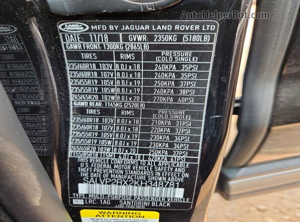SALVP2RX2KH348781 2019 LAND ROVER RANGE Черный Панорамный вид салона 360°