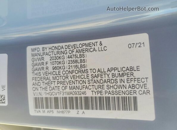 1HGCV1F31MA093246 2021 HONDA ACCORD Gray VIN կոդի պիտակի տեսք