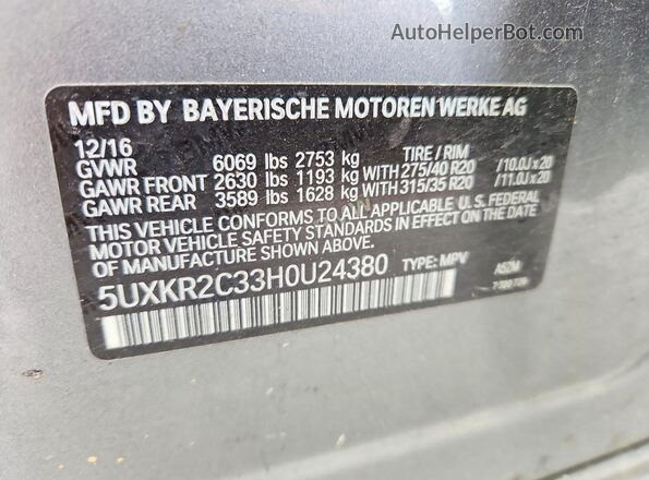 5UXKR2C33H0U24380 2017 BMW X5 Gray Widok wnętrza 360 stopni