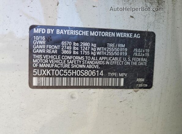 5UXKT0C55H0S80614 2017 BMW X5 White Widok wnętrza 360 stopni