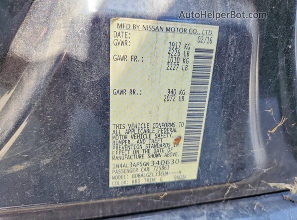 1N4AL3AP5GN340630 2016 NISSAN ALTIMA Charcoal VIN კოდის სტიკერის ხედი