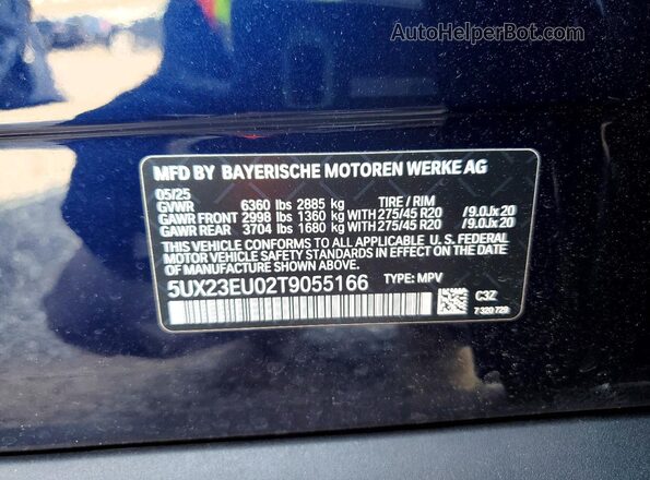 5UX23EU02T9055166 2026 BMW X5 Blue Սալոնի 360 աստիճան տեսք