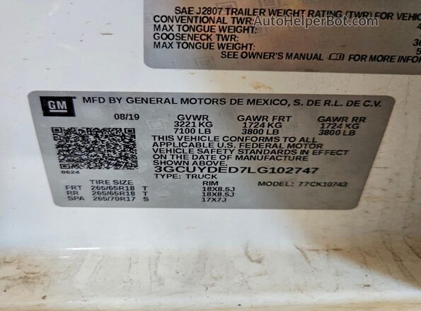 3GCUYDED7LG102747 2020 CHEVROLET SILVERADO Белый Вид наклейки с VIN-кодом