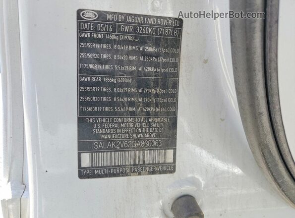 SALAK2V62GA830063 2016 LAND ROVER LR4 White Widok naklejki z numerem VIN