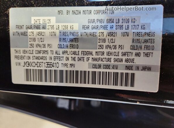 JM3KKCHD8T1356410 2026 MAZDA CX-90 Black VIN sticker view