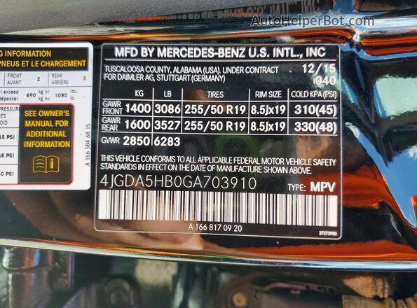 4JGDA5HB0GA703910 2016 MERCEDES-BENZ GLE-CLASS Black VIN sticker view