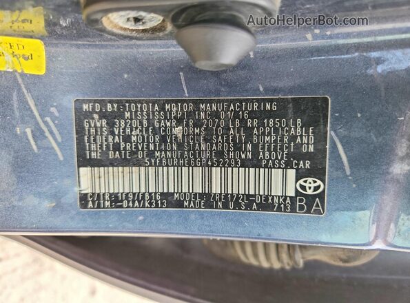 5YFBURHE6GP452293 2016 TOYOTA COROLLA Gray VIN კოდის სტიკერის ხედი