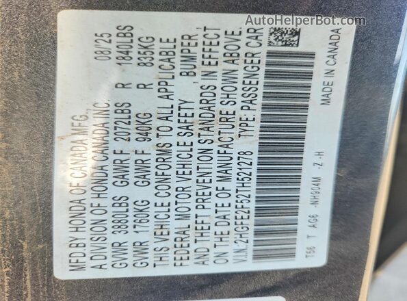 2HGFE2F52TH521278 2026 HONDA CIVIC Gray VIN კოდის სტიკერის ხედი