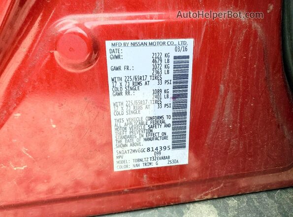 5N1AT2MV6GC814395 2016 NISSAN ROGUE Red VIN კოდის სტიკერის ხედი