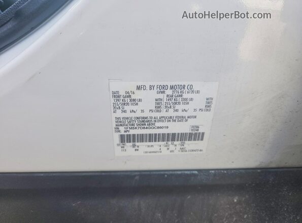 1FM5K7D84GGC86019 2016 FORD EXPLORER White Widok wnętrza 360 stopni