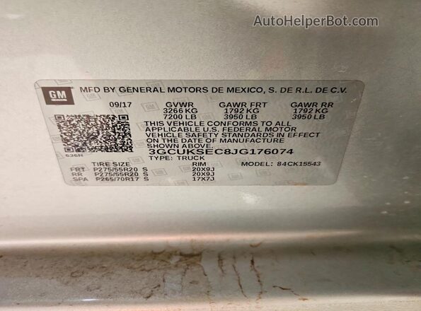3GCUKSEC8JG176074 2018 CHEVROLET SILVERADO Серебряный Вид наклейки с VIN-кодом