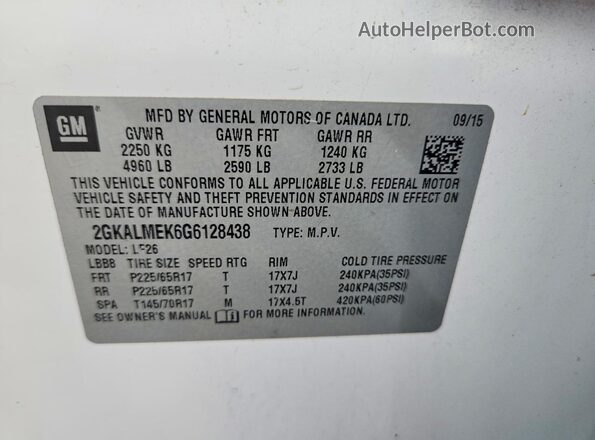 2GKALMEK6G6128438 2016 GMC TERRAIN White Vista interior de 360 grados