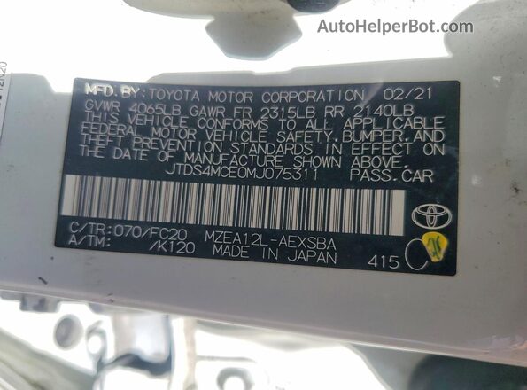JTDS4MCE0MJ075311 2021 TOYOTA COROLLA White Вид наклейки з VIN-кодом