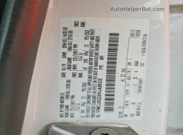 1FMCU0GDXKUA89335 2019 FORD ESCAPE White Панорамний вид салону 360°
