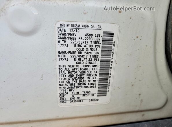 JN8AT2MT8LW038092 2020 NISSAN ROGUE White სალონის 360-გრადუსიანი ხედი