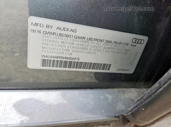 WAU44AFD5HN006975 2017 AUDI A8 Gray Widok naklejki z numerem VIN