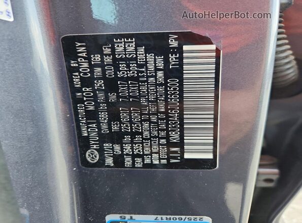 KM8J33A46JU663500 2018 HYUNDAI TUCSON Gray Widok naklejki z numerem VIN
