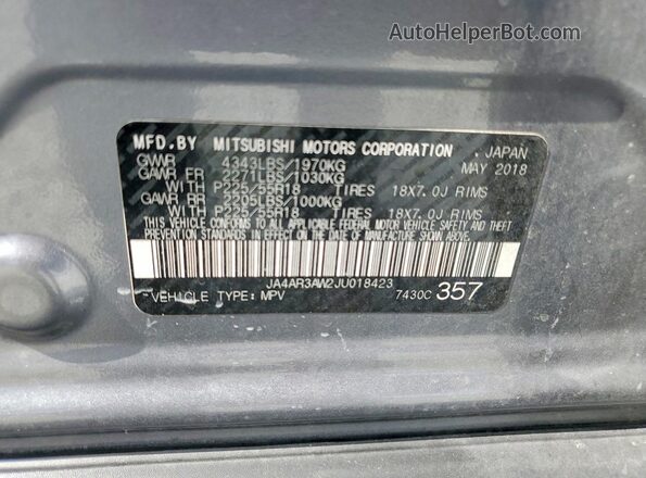 JA4AR3AW2JU018423 2018 MITSUBISHI OUTLANDER Gray სალონის 360-გრადუსიანი ხედი
