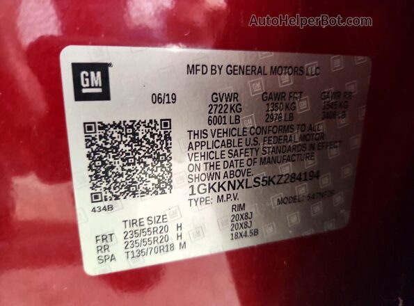 1GKKNXLS5KZ284194 2019 GMC ACADIA Red Vista interior de 360 grados