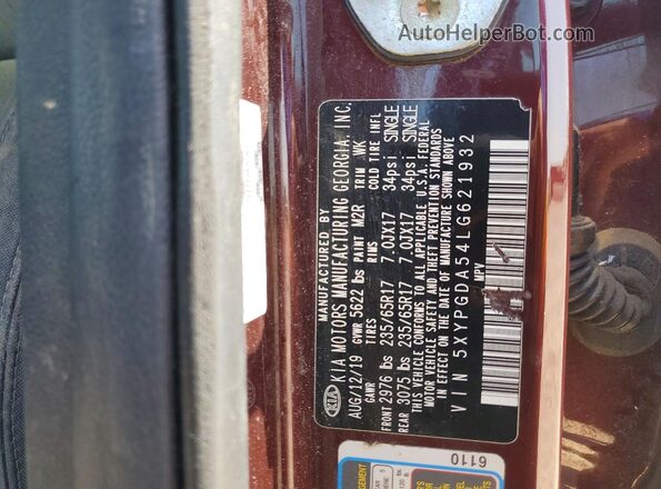 5XYPGDA54LG621932 2020 KIA SORENTO Burgundy 360 interior view
