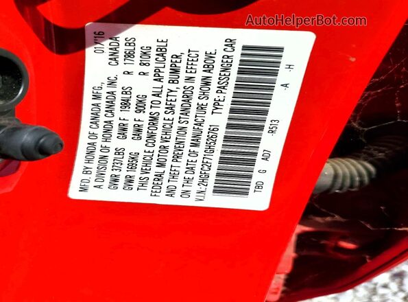 2HGFC2F71GH526761 2016 HONDA CIVIC Красный Вид наклейки с VIN-кодом