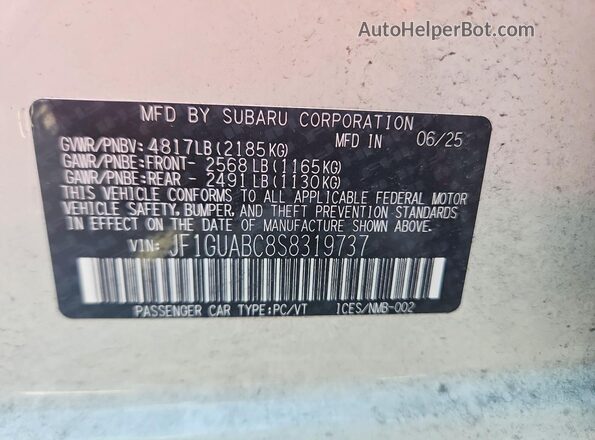 JF1GUABC8S8319737 2025 SUBARU IMPREZA White VIN კოდის სტიკერის ხედი