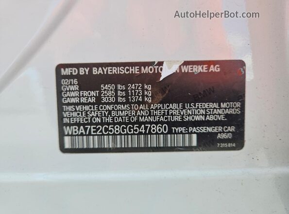 WBA7E2C58GG547860 2016 BMW 7 SERIES White Vista de la etiqueta del VIN