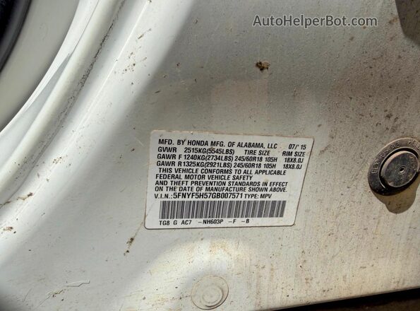5FNYF5H57GB007571 2016 HONDA PILOT White Vista interior trasera