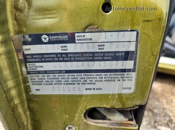LL29C4B265671 1974 DODGE DART Зеленый Вид наклейки с VIN-кодом