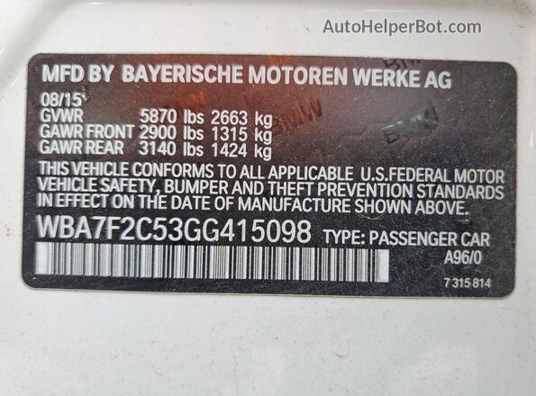 WBA7F2C53GG415098 2016 BMW 7 SERIES White VIN կոդի պիտակի տեսք