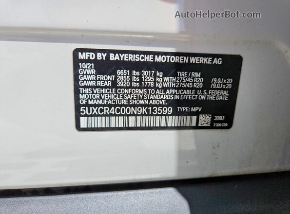 5UXCR4C00N9K13599 2022 BMW X5 White 360 interior view