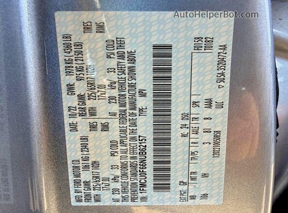 1FMCU0F66NUB62157 2022 FORD ESCAPE Silver 