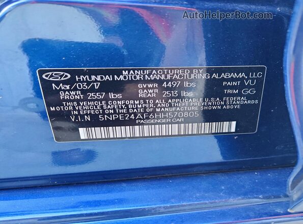 5NPE24AF6HH570805 2017 HYUNDAI SONATA Синий Вид наклейки с VIN-кодом