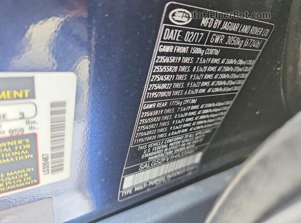 SALGS2FV1HA339467 2017 LAND ROVER RANGE Синий Вид наклейки с VIN-кодом
