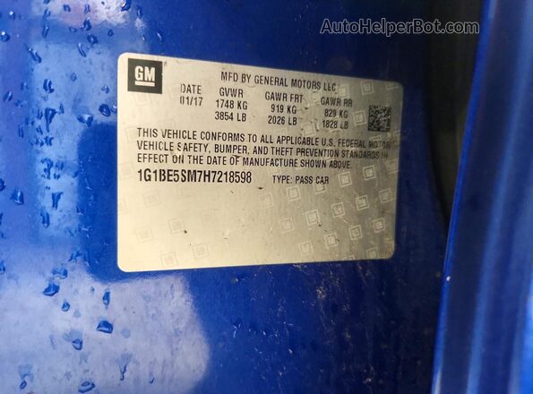 1G1BE5SM7H7218598 2017 CHEVROLET CRUZE Blue VIN կոդի պիտակի տեսք
