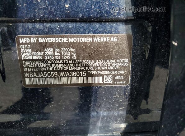 WBAJA5C59JWA36015 2018 BMW 5 SERIES Blue VIN կոդի պիտակի տեսք
