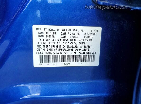 19UDE2F32GA021776 2016 ACURA ILX Blue Widok naklejki z numerem VIN