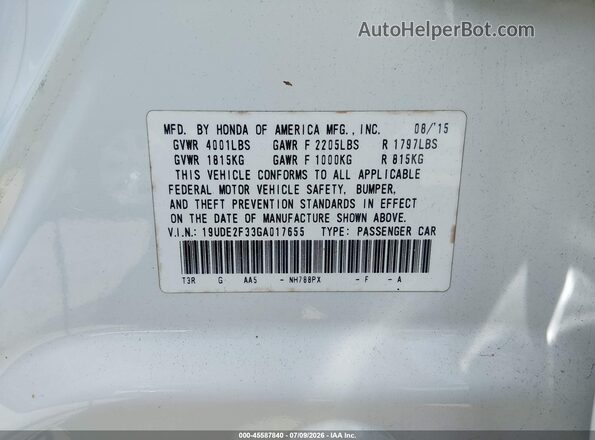 19UDE2F33GA017655 2016 ACURA ILX Белый Вид подкапотного пространства