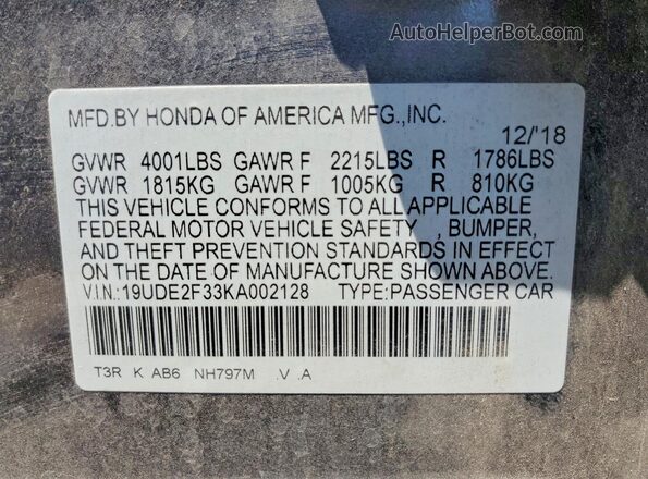 19UDE2F33KA002128 2019 ACURA ILX Gray Widok naklejki z numerem VIN