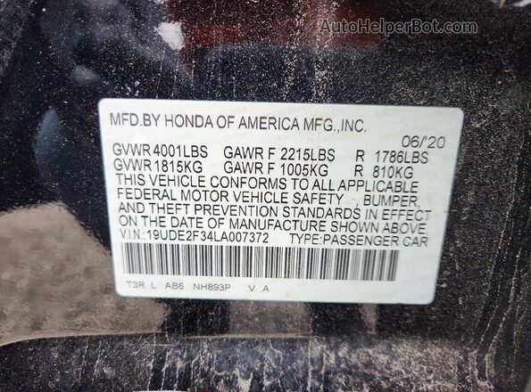 19UDE2F34LA007372 2020 ACURA ILX Black VIN sticker view