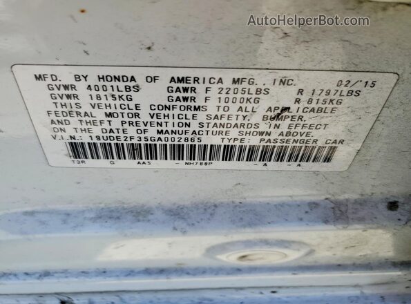 19UDE2F35GA002865 2016 ACURA ILX White VIN კოდის სტიკერის ხედი
