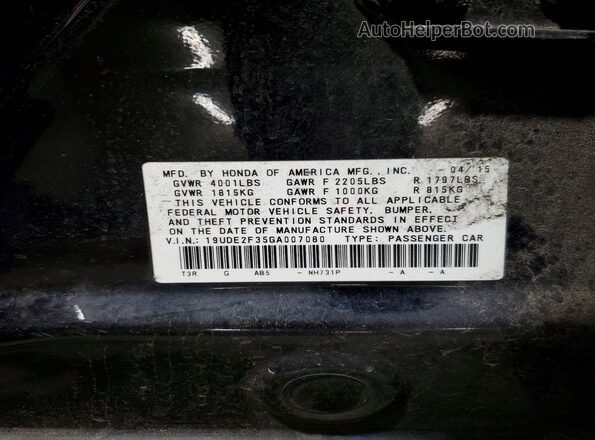 19UDE2F35GA007080 2016 ACURA ILX Black VIN კოდის სტიკერის ხედი