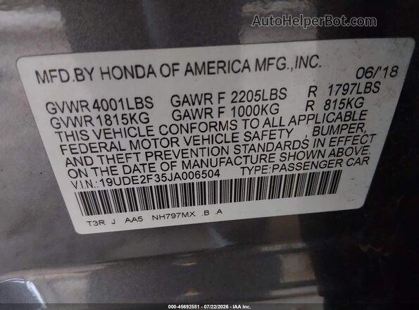 19UDE2F35JA006504 2018 ACURA ILX Gray Vista del compartimento del motor