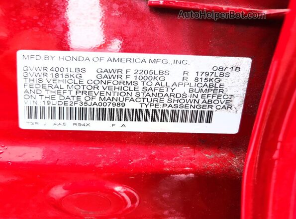19UDE2F35JA007989 2018 ACURA ILX Красный Вид наклейки с VIN-кодом