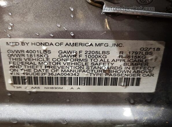 19UDE2F36JA004342 2018 ACURA ILX Silver Vista de la etiqueta del VIN
