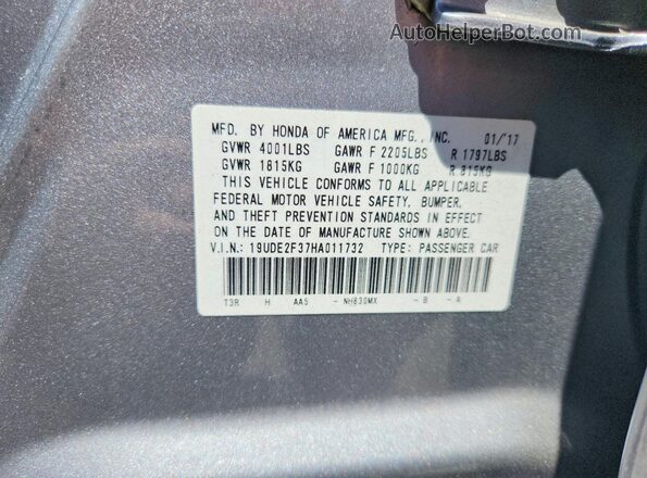 19UDE2F37HA011732 2017 ACURA ILX Gray Widok naklejki z numerem VIN